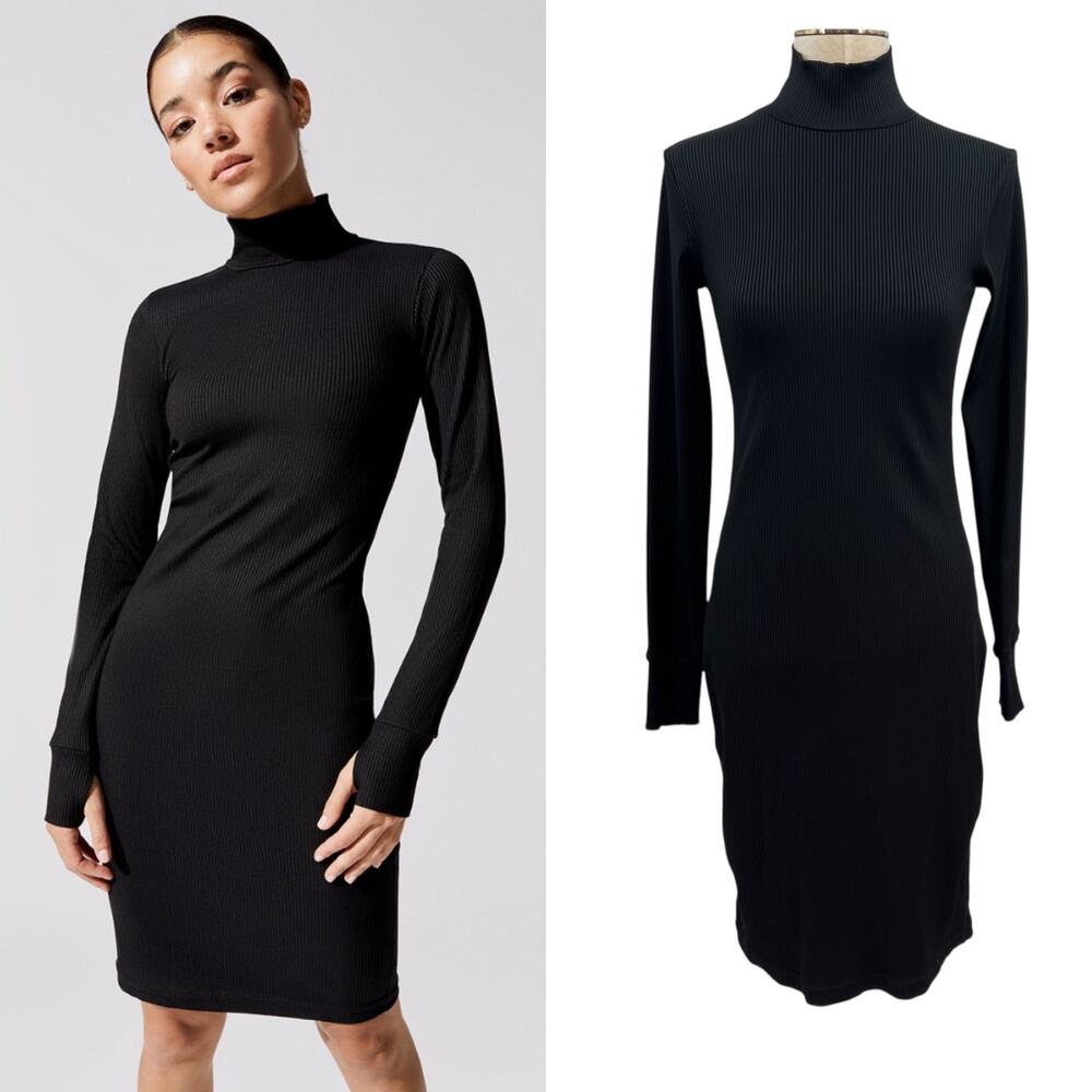 Carbon38 Ribbed Long Sleeve Dress Turtleneck‎ Bodycon Black Size Medium